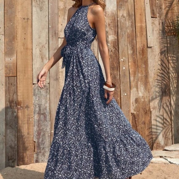 Boho Floral mini ditsy Belted Halter Maxi Dress navy - Picture 5 of 5